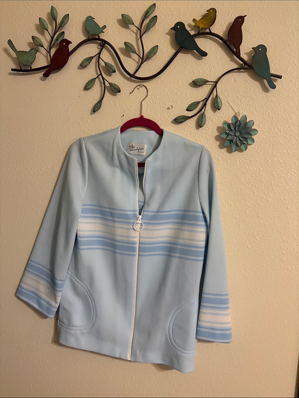 Light Blue and White Striped Zip-Front Pea Coat